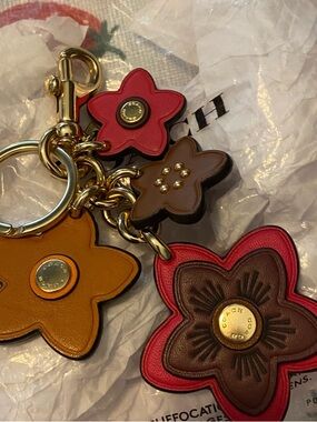 Coach Multicolor Floral Leather Key Charm - Pink, Brown & Mustard